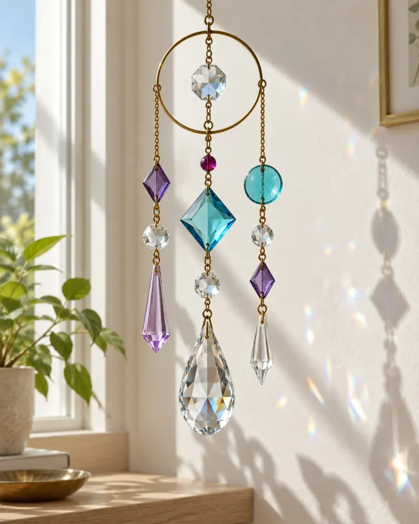 Crystal and glass suncatcher hanging in a sunlit window above a wooden sill