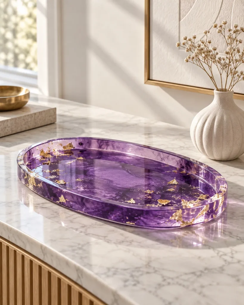 Violet resin and gold leaf tray on a marble counter beside a white vase