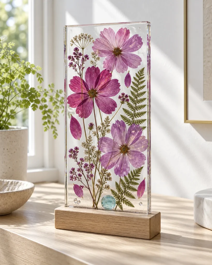 Pressed pink cosmos flowers set in a clear standing frame on a wooden base