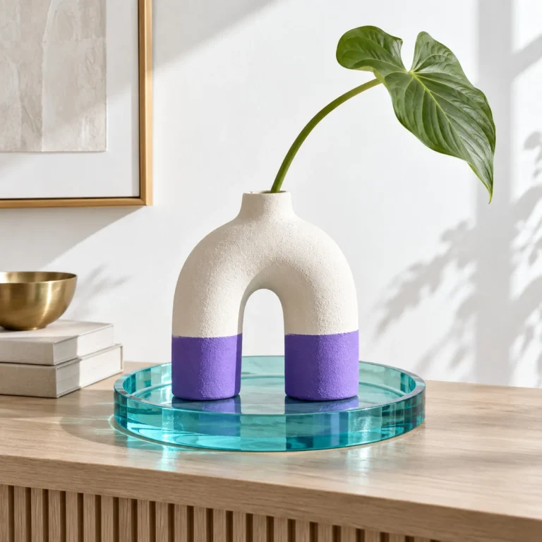 Arched white ceramic vase and a teal resin tray styled on an oak console