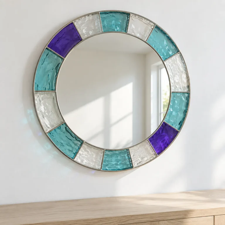 Round mirror framed with teal, violet and white stained glass tiles