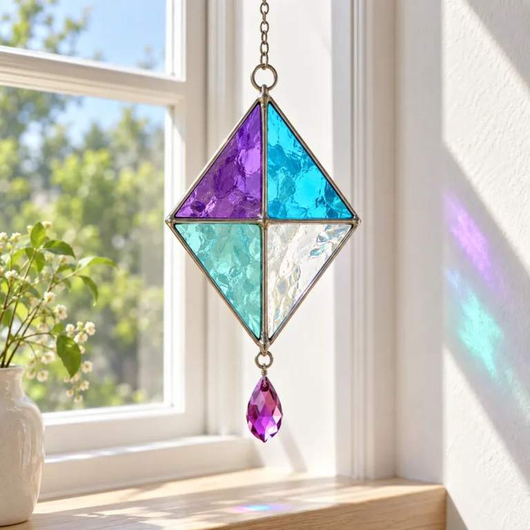 Diamond stained glass suncatcher with a violet crystal drop in a bright window