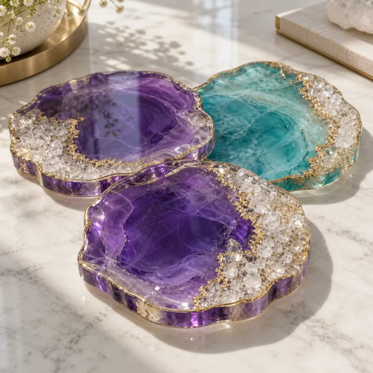 Violet and teal resin geode coasters with gold edges on a marble surface