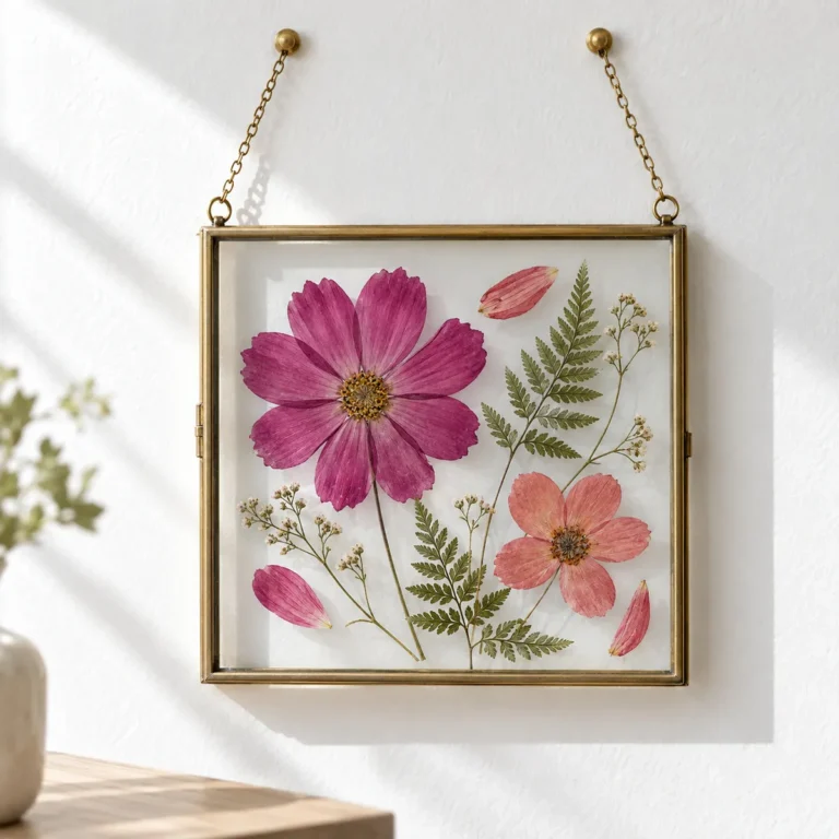 Pressed pink cosmos flowers in a brass frame hanging on a white wall