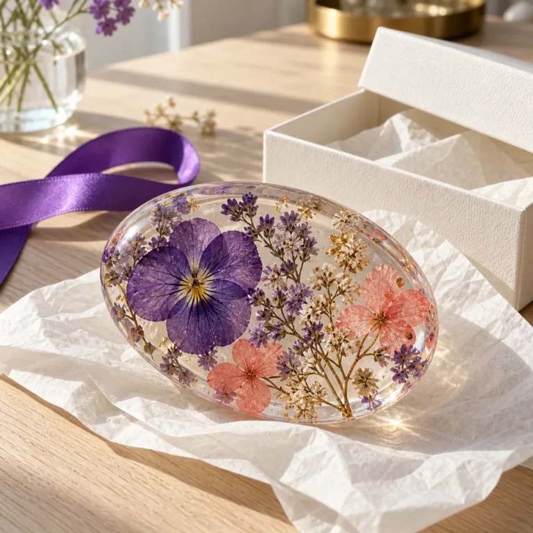 Oval pressed-flower resin tray in an open gift box with a violet ribbon