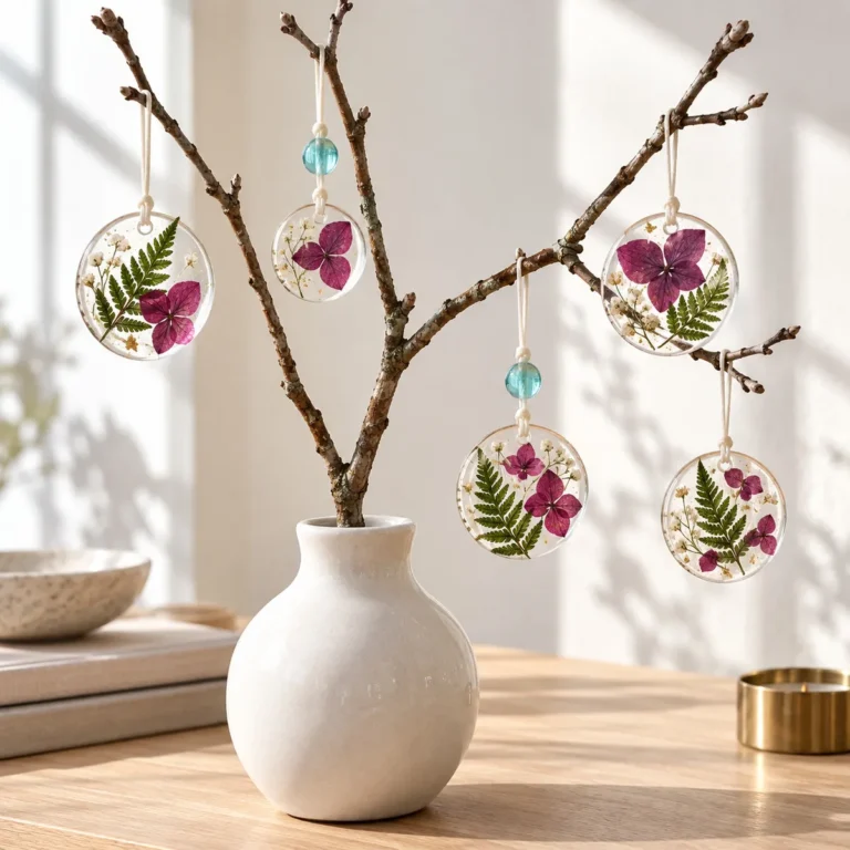 Pressed-flower resin ornaments hanging from a bare branch in a white vase