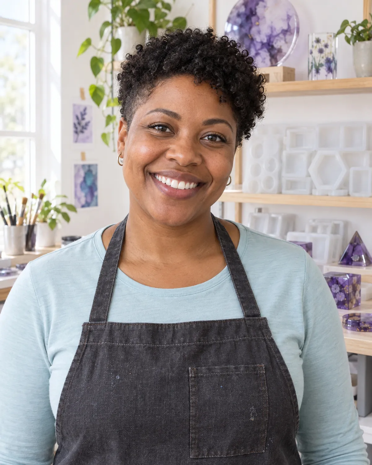 Lauren Mitchell wearing a work apron in a craft studio