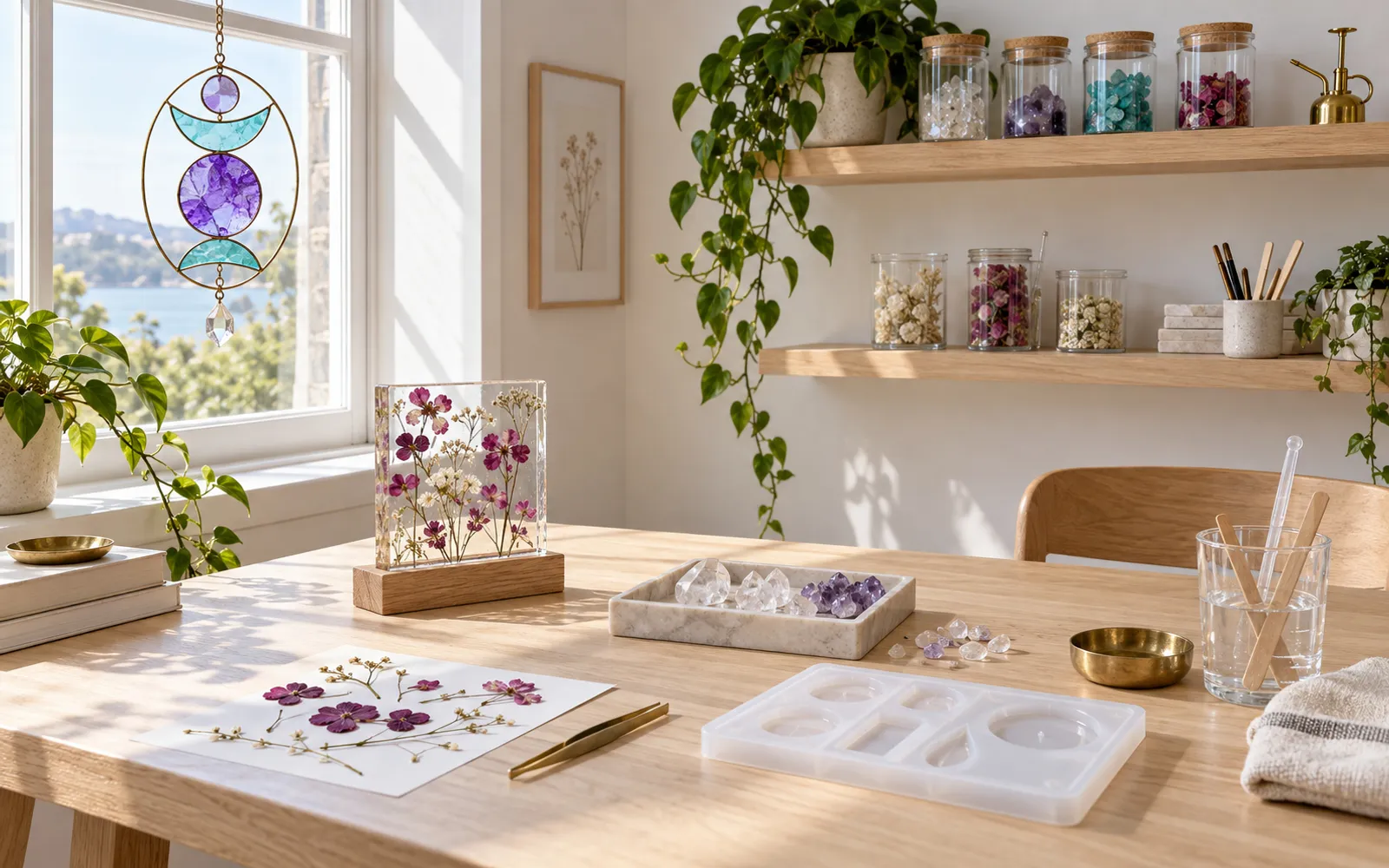 The Glow Studio workspace with pressed-flower art, suncatchers and craft supplies on open shelves