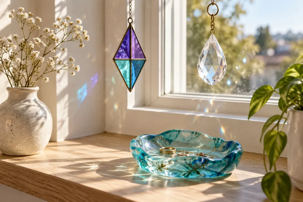 Faceted glass suncatcher and a teal resin dish catching light on a windowsill