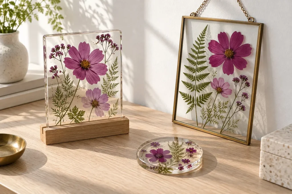 Pressed-flower panels displayed in glass and brass frames on a wooden table