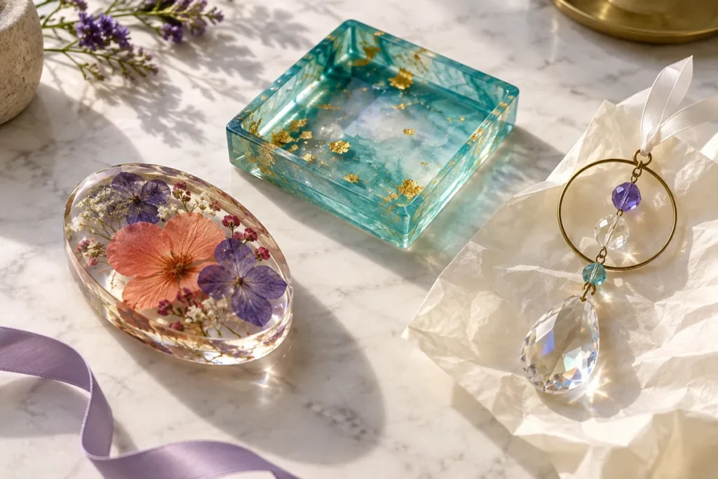 Resin trinket dish and pressed-flower keepsakes wrapped with ribbon