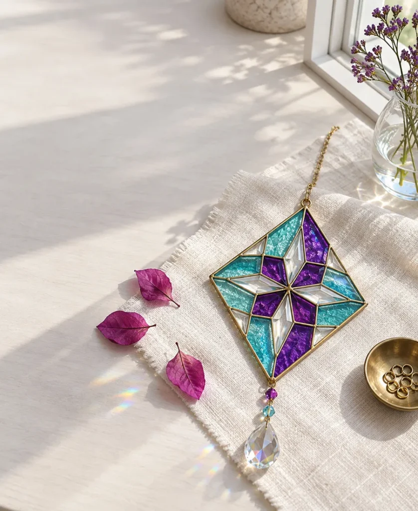 Violet pressed-flower suncatcher with a crystal drop hanging in a sunny window
